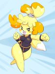  3:4 animal_crossing anthro big_breasts big_butt blush breasts butt canid canine canis clothed clothing domestic_dog dralighieri female fur hair hi_res isabelle_(animal_crossing) mammal nintendo open_mouth pose shih_tzu simple_background solo standing super_smash_bros. teeth thick_thighs toy_dog video_games white_eyes wide_hips yellow_body yellow_fur 