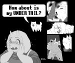  2019 all_fours annoying_dog_(undertale) anthro aoino_broome bestiality big_breasts blush bodily_fluids boss_monster bovid breasts canid canine canis caprine clothed clothing dialogue digital_media_(artwork) doggystyle domestic_dog duo english_text eyes_closed female feral from_behind_position genitals hand_on_face holding_face horn licking long_ears male male/female mammal monochrome nude open_mouth oral overweight overweight_female penile penis penis_lick saliva sex speech_bubble sweat text tongue tongue_out toriel undertale video_games wide_eyed 