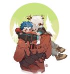  2boys animal_ears antlers archer blue_hair carrying child child_carry christmas cu_chulainn_(fate)_(all) cu_chulainn_alter_(fate/grand_order) facial_mark fate/grand_order fate/stay_night fate_(series) from_behind guttia hood hooded_jacket jacket multiple_boys red_eyes reindeer_antlers reindeer_ears tail white_hair younger 