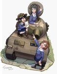  3girls :d absurdres artist_name asakusa_midori backpack bag black_hair blue_skirt brown_footwear brown_hair dated eizouken_ni_wa_te_wo_dasu_na! eyewear_on_head girls_und_panzer green_neckwear ground_vehicle hat highres kanamori_sayaka long_hair long_sleeves machete military military_hat military_vehicle mizusaki_tsubame motor_vehicle multiple_girls open_mouth outdoors samiou school_uniform sitting skirt smile socks tank white_background 