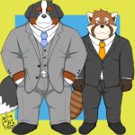  1:1 2019 ailurid anthro blush bottomwear canid canine canis clothing domestic_dog duo humanoid_hands kemono male mammal necktie pants red_panda shirt simple_background slightly_chubby tanutronik753_k topwear 