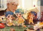  4boys animal_ears archer barefoot bear_ears blinds blue_hair brown_eyes candle caveman cereal chest_tattoo chibi club cracker cu_chulainn_(fate)_(all) cu_chulainn_(fate/grand_order) cu_chulainn_alter_(fate/grand_order) cuffs dark_skin dark_skinned_male earrings eating facial_mark fang fate/grand_order fate/stay_night fate_(series) faucet food fried_egg fruit gae_bolg guttia indoors jar jewelry kemonomimi_mode kitchen lancer long_hair male_focus milk_carton miniboy mochitsuki mortar multiple_boys multiple_persona nipples on_table open_mouth planted_weapon polearm ponytail red_eyes size_difference spatula spear spoon standing strawberry table tablecloth tattoo toga usagi_kine weapon white_hair window 