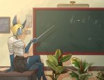  2020 5_fingers anthro blonde_hair blue_body blue_skin chalkboard class clothed clothing female fingers fish hair hairs marine melee_weapon mervvin school shark solo sword teacher text uri_renard_blanc_(ryltar) weapon 