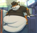  anthro arm_support belly belly_overhang belly_squish beverage big_belly canid canine claws clothed clothing fox fur hand_on_stomach hi_res inside love_handles male mammal midriff nixx obese obese_male open_mouth open_smile orange_body orange_fur overweight overweight_male smile soda solo squish teeth tight_clothing white_body white_fur 