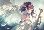  1girl angel_wings bare_shoulders breasts bridal_gauntlets brown_hair cleavage closed_mouth cloud collarbone commentary_request detached_sleeves expressionless feathered_wings feathers from_side headpiece highres holding holding_sword holding_weapon kusano_shinta long_hair looking_at_viewer looking_to_the_side medium_breasts motion_blur original outdoors revealing_clothes solo sword upper_body weapon white_wings wings 