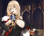  1girl aiguillette azur_lane bangs bismarck_(azur_lane) bismarck_(beacon_of_the_ironblood)_(azur_lane) black_dress blonde_hair blue_eyes breasts cigar cleavage cross cross_earrings cup dress drinking_glass earrings eyebrows_visible_through_hair gloves hair_between_eyes holding holding_cup holding_lighter jewelry large_breasts lighter lighting_cigarette long_hair looking_at_viewer medallion mouth_hold nello_(luminous_darkness) solo twitter_username white_gloves 