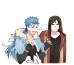  2boys bangs black_eyes black_hair blue_hair bridal_gauntlets capelet cigarette coughing cu_chulainn_(fate)_(all) cu_chulainn_(fate/grand_order) elbow_gloves fate/grand_order fate_(series) fingerless_gloves fur-trimmed_capelet fur_trim gloves guttia hair_strand jacket long_hair lord_el-melloi_ii male_focus multiple_boys parted_bangs patting_back red_jacket smoke spitting stole tongue tongue_out waver_velvet 