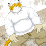  1:1 2019 anthro belly bottomwear clothing eyes_closed felid humanoid_hands kemono male mammal overweight overweight_male pantherine pants shirt sitting solo tanutronik753_k tiger topwear 