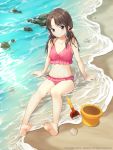  1girl absurdres bangs bare_legs bare_shoulders barefoot bikini brown_eyes brown_hair bucket collarbone commentary_request eyebrows_visible_through_hair hair_ribbon highres long_hair navel ocean original pink_bikini pink_bikini_bottom pink_bikini_top pink_ribbon ribbon saemoy sitting smile solo swimsuit twintails water 