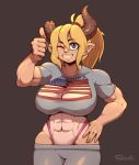  2020 5_fingers abs alternate_version_at_source biceps broken_horn english_text female fingers gesture hair hi_res horn horned_humanoid humanoid humanoid_pointy_ears muscular muscular_female navel nipple_outline shinki_(artist) simple_background teeth text thumbs_up 