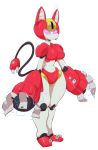  2019 anthro breasts digital_media_(artwork) empty_eyes featureless_breasts felid female hi_res machine mammal medabots not_furry peppercat plug pseudo_clothing red_body riipley robot simple_background small_waist solo thick_thighs white_body wide_hips 