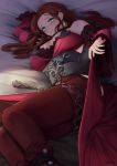  1girl bangs bare_shoulders bed blush breasts brown_hair cleavage closed_mouth detached_sleeves dorothea_arnault dress earrings fire_emblem fire_emblem:_three_houses green_eyes ippers jewelry large_breasts long_hair looking_at_viewer lying on_side parted_bangs red_dress red_footwear red_legwear skirt skirt_lift smile 