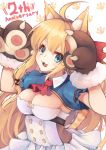  1girl :3 :d absurdres ahoge animal_ear_fluff animal_ears anniversary ascot bangs blonde_hair blue_eyes breasts brown_gloves cat_ears cleavage commentary_request eyebrows_behind_hair fur-trimmed_gloves fur_trim gloves hair_between_eyes highres kemonomimi_mode long_hair looking_at_viewer medium_breasts open_mouth otogi_kyouka paw_background paw_gloves paws pecorine pleated_skirt princess_connect! princess_connect!_re:dive puffy_short_sleeves puffy_sleeves red_neckwear revision short_sleeves shrug_(clothing) sidelocks simple_background skirt smile solo very_long_hair white_background white_skirt 