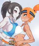  1girl 2girls bare_shoulders black_hair blue_background breast_press breasts commentary_request green_eyes headband inkling jtveemo large_breasts multiple_girls orange_hair pointy_ears ponytail ring_fit_adventure short_hair solo splatoon_(series) sweat symmetrical_docking twitter_username wii_fit wii_fit_trainer 