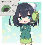  1girl :d animal_ear_headphones animal_ears bangs black_hair blue_eyes blush breasts collared_shirt commentary_request directional_arrow dress_shirt eyebrows_visible_through_hair fake_animal_ears floral_background food green_legwear green_shirt green_skirt hair_between_eyes headphones headset highres holding holding_food kyoumachi_seika long_hair long_sleeves medium_breasts milkpanda open_mouth shirt skirt sleeves_past_wrists smile solo sparkling_eyes thighhighs translation_request voiceroid 