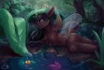  2019 anthro black_hair breasts brown_body butt female forest hair hawtmoon hi_res horn hybrid leaf mits_(character) nipples nude outside raining smile solo tree water wings 