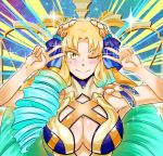  1girl aqua_hair astraea_(fate/grand_order) balance_scale bangs bare_shoulders big_hair blonde_hair blue_background blue_dress blue_ribbon blush breasts center_opening cleavage closed_mouth double_v dress drill_hair emotional_engine_-_full_drive fate/grand_order fate_(series) gradient_hair hair_ornament hair_ribbon hands_up highres hunter556 large_breasts long_hair looking_at_viewer luviagelita_edelfelt multicolored_hair parody parted_bangs quad_drills ribbon smile solo sparkle striped striped_background two-tone_dress v very_long_hair weighing_scale yellow_background yellow_dress yellow_eyes 