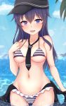  1girl akatsuki_(kantai_collection) alternate_breast_size alternate_costume bangs bare_shoulders bikini blue_sky blush breasts chiyo_(pk19981234) cloud collarbone commentary_request day eyebrows_visible_through_hair flat_cap frilled_bikini frills groin hair_between_eyes hand_on_own_chest hat kantai_collection long_hair looking_at_viewer medium_breasts navel necktie ocean older open_mouth outdoors purple_eyes purple_hair sky smile solo standing string_bikini striped striped_bikini swimsuit wading water 