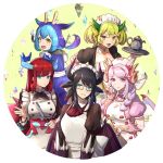  5girls apron aqua_eyes bangs blue_eyes blue_hair dragon_girl dragon_horns dragon_tail dragon_wings dragonmaid_hausky dragonmaid_laudry dragonmaid_nasary dragonmaid_parla dragonmaid_tillroo duel_monster fang fangs glasses green_hair horns hsin long_sleeves looking_at_viewer maid_apron maid_dress maid_headdress monster_girl multicolored_hair multiple_girls open_mouth orange_eyes pink_eyes pink_hair puffy_long_sleeves puffy_short_sleeves puffy_sleeves red_hair sai_no_kawara short_sleeves tail wings yellow_eyes yuu-gi-ou 