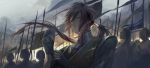  6+boys adjusting_clothes adjusting_gloves army black_gloves border0715 brown_eyes brown_hair chinese_clothes closed_mouth cloud cloudy_sky collar dressing flag floating_hair gloves helmet highres jiang_wei long_hair looking_at_viewer low_ponytail male_focus multiple_boys outdoors rain serious shin_sangoku_musou sky upper_body wind 