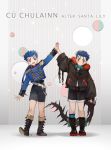  2boys arm_up asymmetrical_legwear black_jacket blue_hair blue_shirt boots bow bowtie christmas cu_chulainn_(fate)_(all) cu_chulainn_alter_(fate/grand_order) dual_persona epaulettes facial_mark fate/stay_night fate_(series) fur_collar guttia highres holding_hands jacket lancer long_hair multiple_boys ponytail red_eyes shirt shorts tail toggles younger 