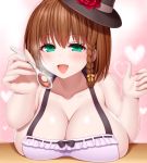  1girl apron aqua_eyes asamura_hiori bangs bare_shoulders black_headwear blush braid breast_rest breasts brown_hair charlotte_corday_(fate/grand_order) cleavage collarbone curry fang fate/grand_order fate_(series) feeding flower food gradient gradient_background hat hat_flower heart highres large_breasts looking_at_viewer naked_apron open_mouth pink_background short_hair side_braid sideboob smile solo spoon top_hat white_apron 