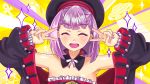  1girl ankh artist_request bangs bare_shoulders black_coat black_dress black_headwear blush breasts closed_eyes coat detached_collar double_v dress emotional_engine_-_full_drive fate/grand_order fate_(series) flat_chest hands_up helena_blavatsky_(fate/grand_order) hexagram highres long_sleeves off_shoulder open_clothes open_coat open_mouth parody purple_background purple_hair short_hair smile solo sparkle star_of_david strapless strapless_dress striped striped_background ufo v yellow_background 