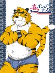  2013 3:4 anthro belly bulge clothing felid hi_res humanoid_hands japanese_text kemono male mammal navel overweight overweight_male pantherine solo tanutronik753_k text tiger underwear 