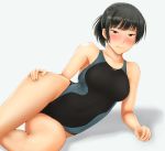  1girl amagami black_eyes black_hair blush breasts competition_swimsuit cowboy_shot grey_swimsuit large_breasts looking_at_viewer lying makuwa_(user_dvft3725) nose_blush on_side one-piece_swimsuit ponytail shadow short_hair simple_background solo swimsuit tsukahara_hibiki 