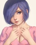  1girl blue_eyes blue_hair breasts cleavage hair_over_one_eye highres kirishima_touka lips looking_at_viewer medium_breasts miura-n315 mole mole_on_breast short_hair simple_background solo tokyo_ghoul upper_body white_background 