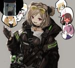  6+girls @_@ animal_ears bangs black_coat black_gloves blush breasts carcano_m91/38_(girls_frontline) choker closed_eyes coat double_bun eyebrows_visible_through_hair eyewear_on_head gas_mask girls_frontline gloves grey_background highres hk416_(girls_frontline) idw_(girls_frontline) long_hair long_sleeves mask multiple_girls naruwe one_side_up open_clothes open_mouth p90_(girls_frontline) partly_fingerless_gloves ponytail pouch red_eyes short_hair simple_background snap-fit_buckle sunglasses tactical_clothes thunder_(girls_frontline) tinted_eyewear twintails ump9_(girls_frontline) wa2000_(girls_frontline) 