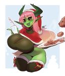  2019 amber_eyes bell big_breasts black_sclera bottomless breasts christmas clothed clothing cookie cup curvaceous curvy_figure demon female food green_body green_skin hair hat headgear headwear hi_res holidays horn huge_breasts humanoid humanoid_pointy_ears kanel leaning leaning_forward legwear long_hair looking_at_viewer milk not_furry open_mouth open_smile pink_hair plate santa_hat smile solo thick_thighs thigh_highs vera_(nyxon) voluptuous 