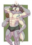  anthro big_muscles bulge canid canine canis clothing comb hi_res male mammal mirror multi_arm multi_head multi_limb muscular muscular_male personal_grooming soendapuss solo standing star temujin underwear wolf 