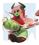  2019 amber_eyes bell big_breasts black_sclera bodily_fluids bottomless breasts christmas clothed clothing cookie cup curvaceous curvy_figure demon female food green_body green_skin hair hat headgear headwear hi_res holidays horn huge_breasts humanoid humanoid_pointy_ears kanel lactating leaning leaning_forward legwear long_hair looking_at_viewer milk nipples not_furry open_mouth open_smile pink_hair plate santa_hat smile solo thick_thighs thigh_highs torn_clothing vera_(nyxon) voluptuous wardrobe_malfunction yellow_eyes 