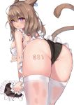  1girl absurdres animal_ears ass ass_focus back black_panties blush brown_hair cameltoe cat_ears cat_girl cat_tail eyebrows_visible_through_hair fang from_behind highres l.j. long_hair looking_at_viewer looking_back maid mole mole_under_mouth original panties purple_eyes simple_background skindentation solo tail thighhighs thighs underwear white_background white_legwear 