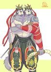  anthro arrow big_muscles bottomwear bow_(weapon) canid canine canis clothing hat headgear headwear hi_res male mammal multi_arm multi_head multi_limb muscular muscular_male pants ranged_weapon sleeves soendapuss solo standing star temujin weapon wolf 