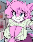  aeris_(vg_cats) anthro big_breasts blue_hair breasts cleavage cleavage_cutout clothed clothing dbaru domestic_cat felid feline felis female fur hair huge_breasts keyhole_turtleneck mammal pink_body pink_fur selfie solo sweater topwear vg_cats webcomic 