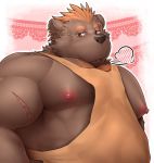  anthro apron apron_only barghest_(tas) barguest_(tas) biceps bodily_fluids body_hair breath brown_body brown_fur chest_hair clothing ear_piercing ear_ring fur hair male mammal mostly_nude musclegut nazimi00 nipples open_mouth orange_hair overweight overweight_male pecs piercing pink_nipples red_eyes scar solo sweat sweatdrop tokyo_afterschool_summoners ursid video_games 