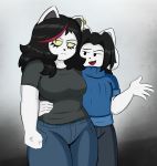  annoyed anthro black_hair bob_(undertale) bottomwear breasts canid canine catti_(deltarune) clothed clothing deltarune domestic_cat duo dynamo07x ear_piercing eyebrows eyelashes eyeliner felid feline felis female fully_clothed fur hair half-closed_eyes hand_on_hip jeans makeup male mammal narrowed_eyes pants piercing tem thick_thighs undertale vein video_games white_body white_fur yellow_sclera 