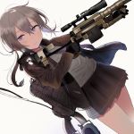 1girl ahoge anti-materiel_rifle backpack bag bangs bare_legs black_gloves black_neckwear black_skirt bolt_action brown_jacket cheytac_m200 closed_mouth collared_shirt cowboy_shot dress_shirt girls_frontline gloves grey_bag gun handle headset holding holding_gun holding_weapon jacket looking_at_viewer low_ponytail m200_(girls_frontline) messy_hair necktie open_clothes open_collar open_jacket pleated_skirt purple_eyes rifle scope seicoh shirt sidelocks silver_hair simple_background skirt sniper_rifle solo tie_clip trigger_discipline weapon white_background white_shirt 