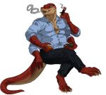  anthro beverage bottomwear cigar clothing hi_res intricatevision invisible_chair male multi_arm multi_limb pants reptile scalie shirt sitting smoking snake solo thick_tail topwear 
