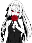  1girl bare_arms black_dress black_ribbon braid braided_bangs breasts cleavage cleavage_cutout covering_mouth dahlia dress eyebrows_visible_through_hair flower hair_between_eyes hair_ribbon head_tilt holding holding_flower long_hair looking_at_viewer nagishiro_mito original red_eyes red_flower ribbon simple_background sleeveless sleeveless_dress solo spot_color tsurime upper_body white_background white_hair 