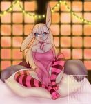  big_breasts breasts bunny_ears_(disambiguation) clothing cozy doctordoctordoo hi_res lagomorph legwear leporid mammal pillow rabbit relaxing stripes thigh_highs 