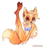  anthro black_nose blue_eyes bottomless bra breasts butt canid canine clothed clothing coonkun digitigrade ear_piercing female fox fur hair hindpaw long_hair looking_at_viewer mammal navel orange_body orange_fur pawpads paws piercing smile solo underwear 
