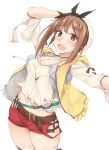  1girl :d atelier_(series) atelier_ryza breasts brown_eyes brown_hair cleavage hair_ornament hairclip highres large_breasts looking_at_viewer midriff navel open_mouth red_shorts reisalin_stout short_shorts shorts simple_background smile solo white_background white_headwear zekkyon 