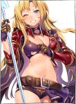  1girl armor belt black_shorts blonde_hair blue_eyes breasts cleavage cowboy_shot crop_top gauntlets granblue_fantasy grin hair_down highres holding holding_spear holding_weapon kei_(soundcross) large_breasts long_hair looking_at_viewer micro_shorts midriff navel one_eye_closed polearm purple_shirt shirt shorts smile solo spear standing stomach torn_clothes torn_shirt torn_shorts weapon zeta_(granblue_fantasy) 