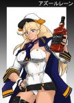  1girl alcohol azur_lane bangs belt black_belt black_border black_gloves blue_eyes blue_neckwear border bottle buttons cowboy_shot crossed_bangs doggyman1911a1 gloves graphite_(medium) hat highres holding holding_bottle jack_daniel&#039;s jacket_on_shoulders mechanical_pencil peaked_cap pencil smile tennessee_(azur_lane) thigh_strap traditional_media white_background white_headwear 