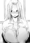  1girl :| bangs_pinned_back blush breasts cleavage closed_mouth collared_shirt dress_shirt folded_hair glasses greyscale hair_pulled_back highres huge_breasts inne_sulistya_robin long_hair looking_to_the_side monochrome norman_maggot original shirt sweat teacher upper_body white_shirt 
