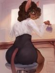 2019 anthro breasts brown_body brown_hair butt chair clothing cup female furniture green_eyes hair inside looking_back mammal margaret_de_campos mice_tea mouse murid murine panty_lines photonoko rodent shirt sitting smile solo table topwear whiskers window 