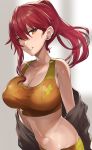  1girl asymmetrical_hair bangs bare_shoulders bra breasts cleavage collarbone fujitsubo_(hujitubo0731) highres large_breasts long_hair looking_at_viewer navel off_shoulder original parted_lips ponytail red_hair solo sports_bra underwear yellow_bra yellow_eyes 